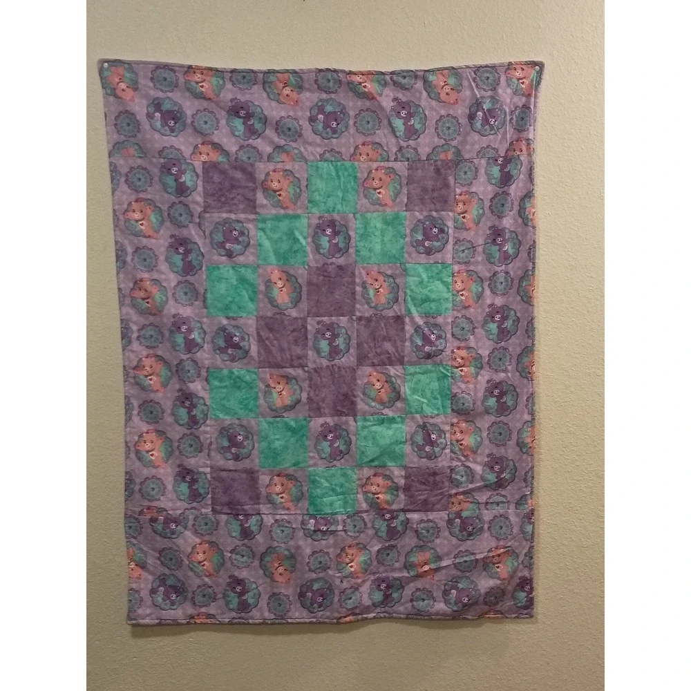 Handmade Care Bears Patchwork Baby Quilt Purple Pink Teal Share Bear 33x44
